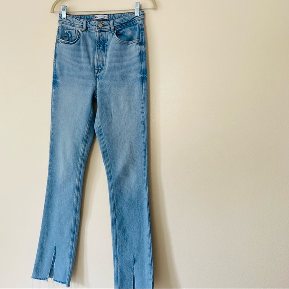 Zara high waisted blue front slits straight leg denim full length jeans - Picture 14 of 15